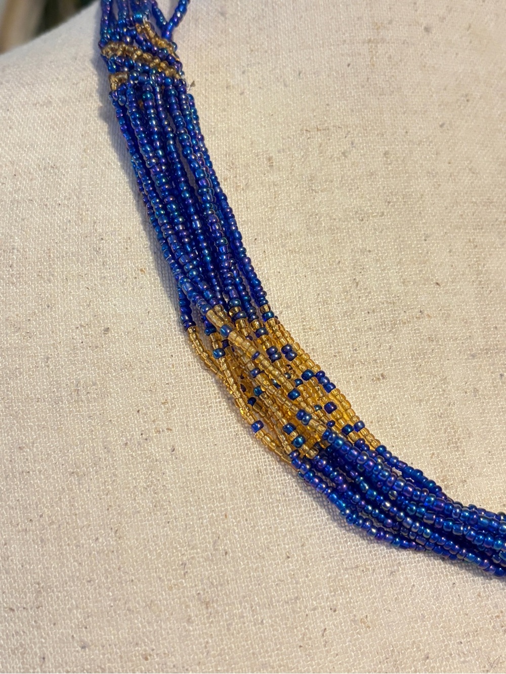Vintage Cobalt Blue Gold Multi Strand Seed Bead Necklace Boho Statement Woven - Picture 2 of 10